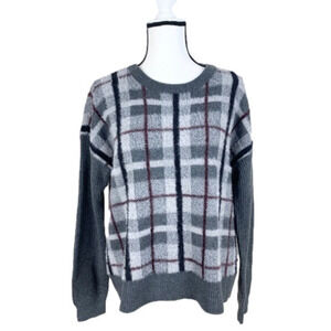 Vince Camuto Plaid Eyelash Sweater Large Gray NWT